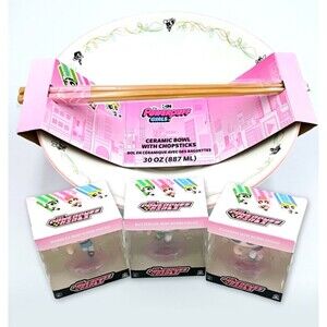 Powerpuff Girls Ramen Noodle Bowl Chopsticks & 3 Mini Bobblehead Figure Set NIB